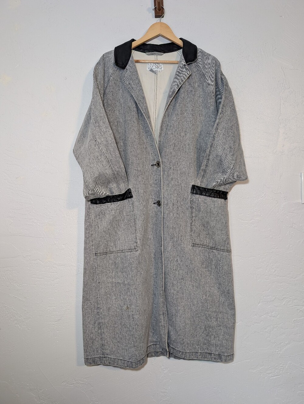Vintage Long Denim Trench Coat Leather Trim Indie Sleeze Statement Streetwear